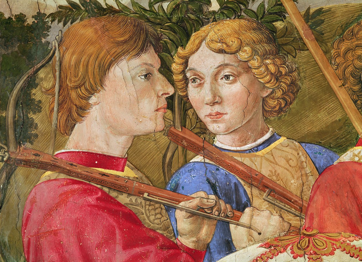 Procesja Trzech Króli, procesja prowadzona przez Wawrzyńca Wspaniałego w przebraniu Maga Kacpra, fragment głów dwóch kuszników, 1459-1462 autorstwa Benozzo di Lese di Sandro Gozzoli