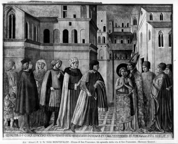 Św. Franciszek wyrzekający się dóbr doczesnych (fresk) (zdjęcie czarno-białe) autorstwa Benozzo di Lese di Sandro Gozzoli