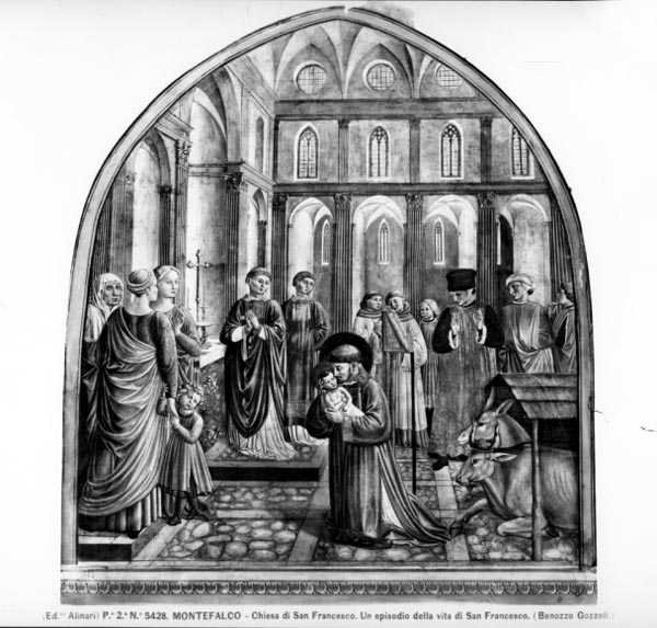 Św. Franciszek kołysający Bambino w Greccio (fresk) (zdjęcie czarno-białe) autorstwa Benozzo di Lese di Sandro Gozzoli