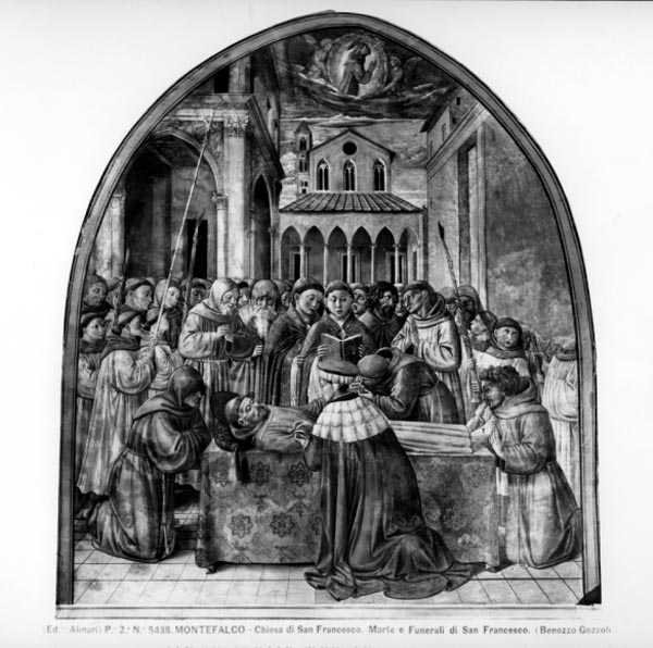 Obrzędy pogrzebowe św. Franciszka (fresk) (zdjęcie czarno-białe) autorstwa Benozzo di Lese di Sandro Gozzoli