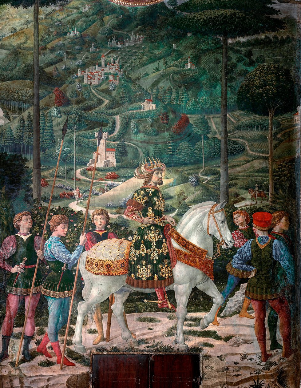Cesarz bizantyjski „Podróż Trzech Króli”. Orszak Trzech Króli z Jerozolimy w Betlejem nazywany jest po włosku „Viaggio dei Magi” lub „Cavalcata dei Magi” detal przedstawiający cesarza bizantyjskiego Jana VIII Paleologa (1392-1448). Szczegół. Świeży Mag autorstwa Benozzo di Lese di Sandro Gozzoli
