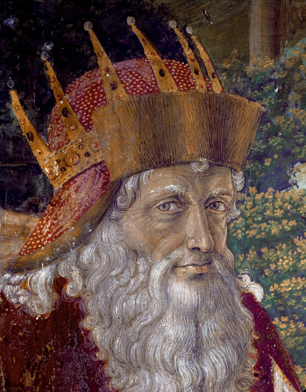 Podróż Trzech Króli. Orszak Trzech Króli z Jerozolimy w Betlejem zwany „Viaggio dei Magi” lub „Cavalcata dei Magi” po włosku. Detal przedstawiający Józefa Patriarchę Konstantynopola w latach 1261-1276. Fresk Kaplicy Trzech Króli autorstwa Benozzo di autorstwa Benozzo di Lese di Sandro Gozzoli