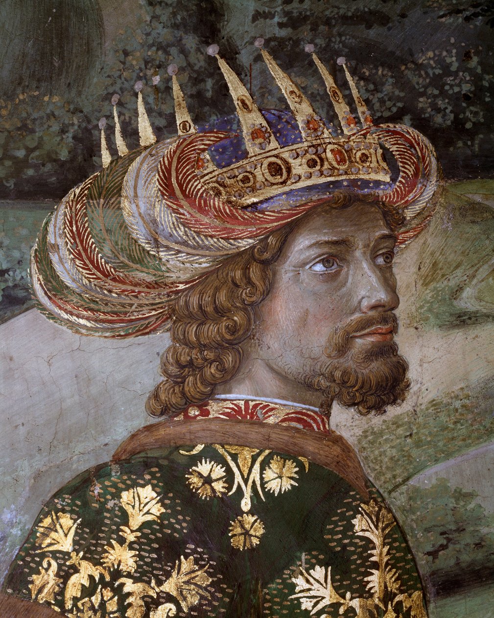 Podróż Magów Orszak Trzech Króli z Jerozolimy do Betlejem wzywa po włosku „Viaggio dei Magi” lub „Cavalcata dei Magi” Szczegół Balthasara pod rysami Jana VIII Paleologa, Cesarza Bizantyjskiego (Jan VII Palaiologos (lub Paleolog)) Fresk autorstwa Benozzo di Lese di Sandro Gozzoli