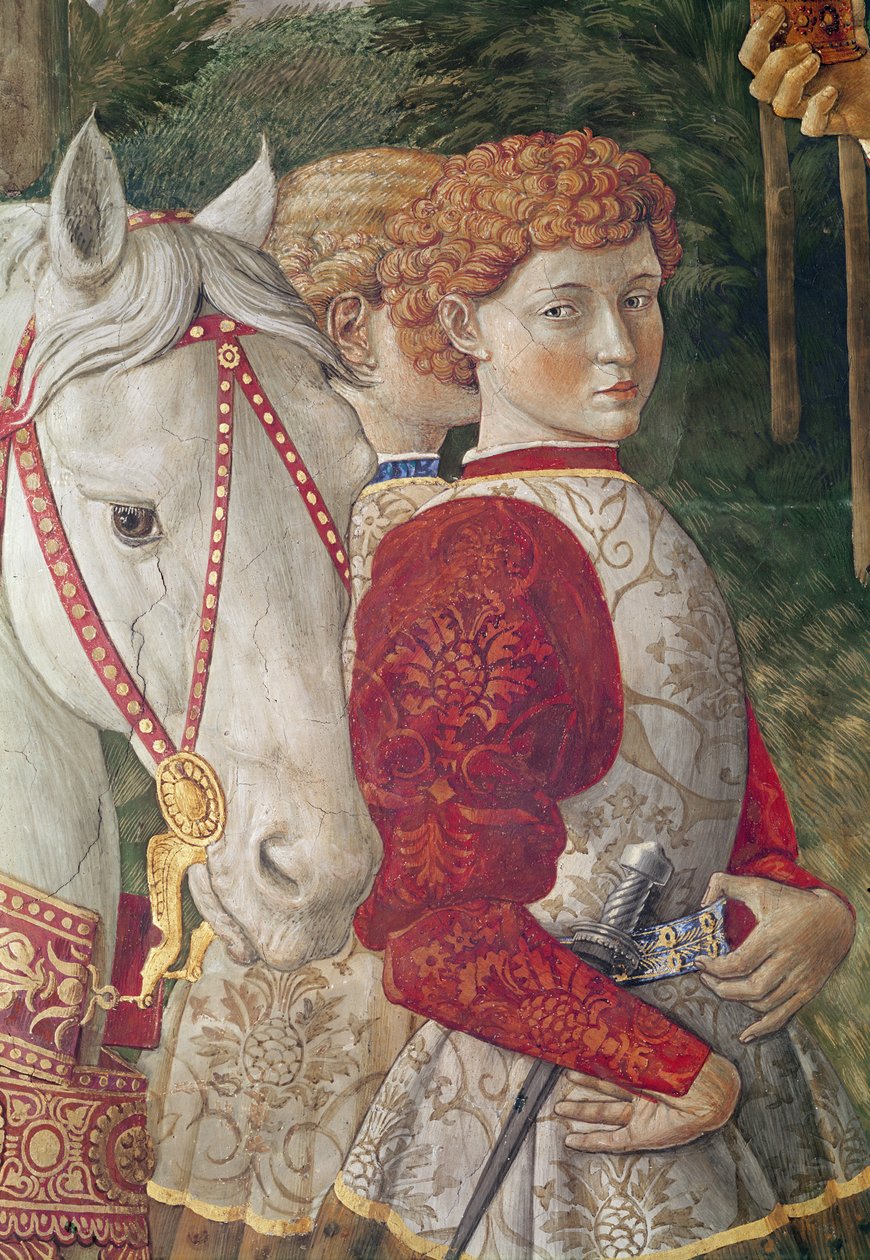 Dwaj towarzysze w barwach i głowa konia Wawrzyńca Wspaniałego, fragment z cyklu Podróż Trzech Króli w kaplicy, ok. 1460 autorstwa Benozzo di Lese di Sandro Gozzoli