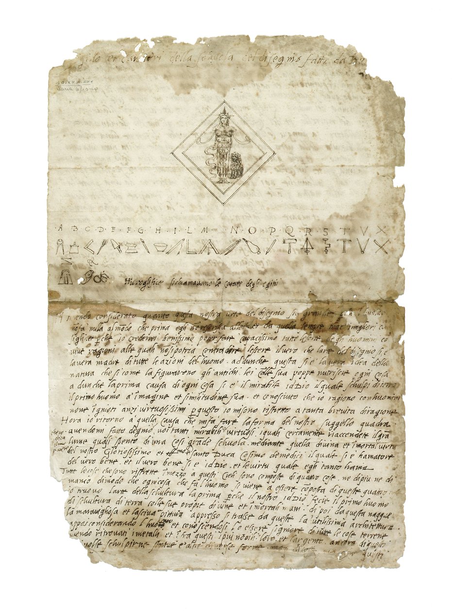 Projekt pieczęci Accademia del Disegno, Florencja, ok. 1565 (pióro i brązowy tusz na papierze) autorstwa Benvenuto Cellini