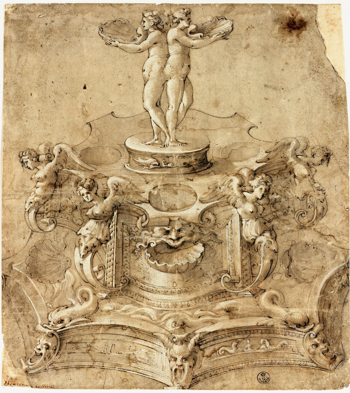 Sól solna o sześciokątnym kształcie. Rysunek Benvenuto Cellini (1500-1571) Florencja, Muzeum Uffizi, Dział Grafiki i Rysunków autorstwa Benvenuto Cellini