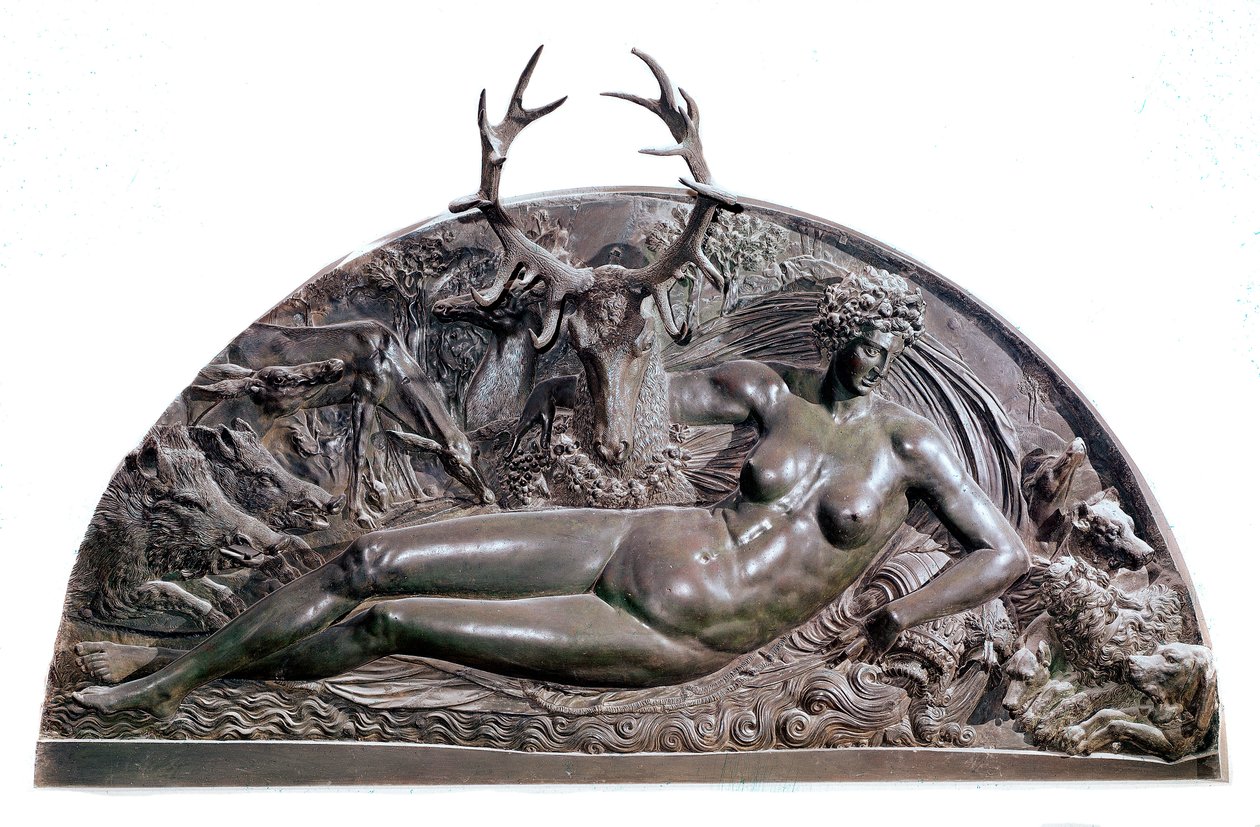 Nimfa Fontainebleau Bas płaskorzeźba z brązu Benvenuto Cellini (1500-1571) z zamku Anet. 1542 wym. 409x205 cm Paryż, Musee du Louvre autorstwa Benvenuto Cellini
