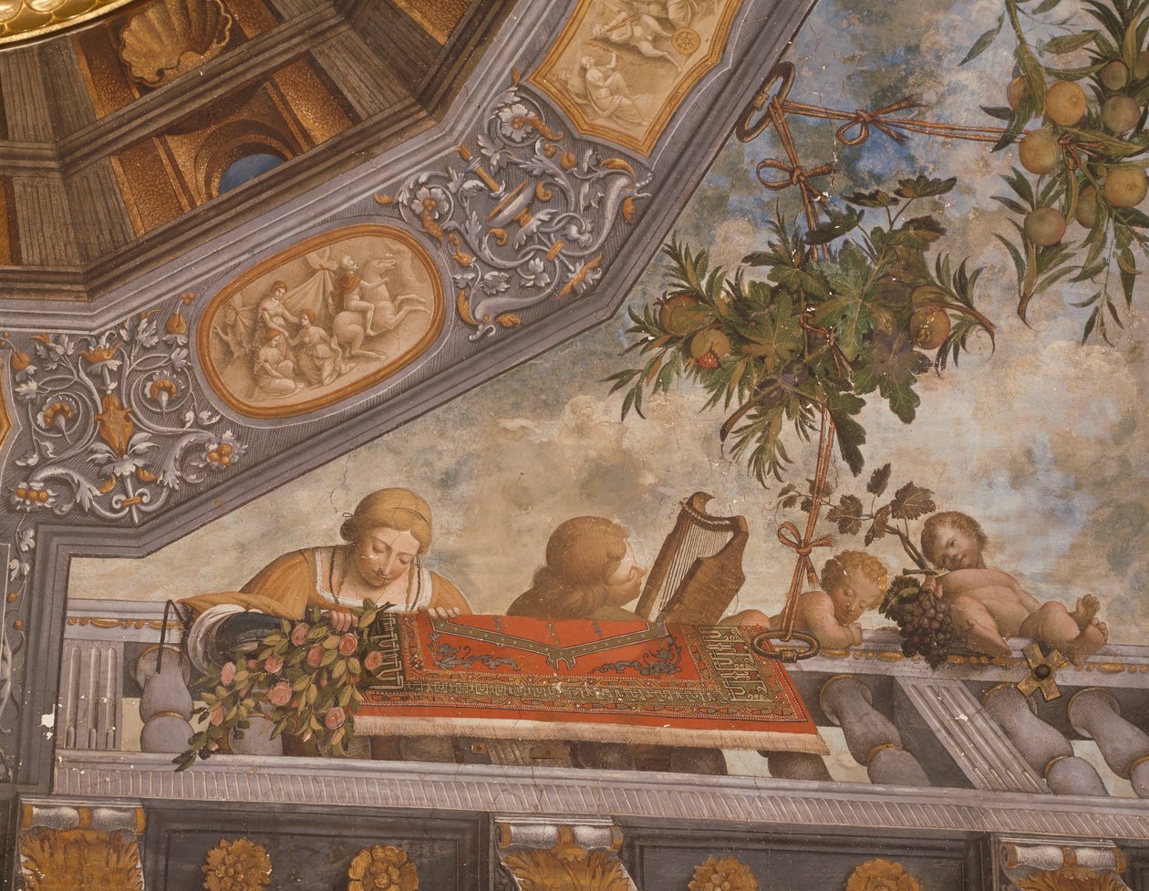Warcaby, muzyk i amorki na balkonie, fragment fresku na suficie autorstwa Garofalo (1481-1559), pokój skarbca, pałac Ludovico il Moro lub pałac Costabili, Ferrara, Włochy autorstwa Benvenuto Tisi da Garofalo