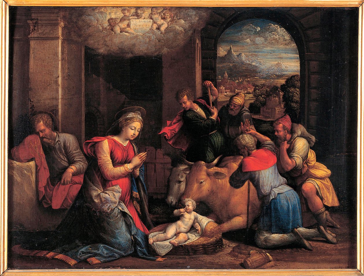 Adoracja pasterzy - Obraz Benvenuto Tisi da Garofalo (Il Garolafo) (1481-1559), olej na drewnie, 41,5x55 cm autorstwa Benvenuto Tisi da Garofalo