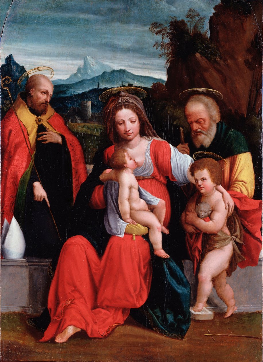 Święta rodzina ze św. Janem Chrzcicielem w dzieciństwie i biskupem Obraz Garofalo (Benvenuto Tisi) (1481-1559) Genes, Musei di Strada Nuova (ex Palazzo Rosso) autorstwa Benvenuto Tisi da Garofalo