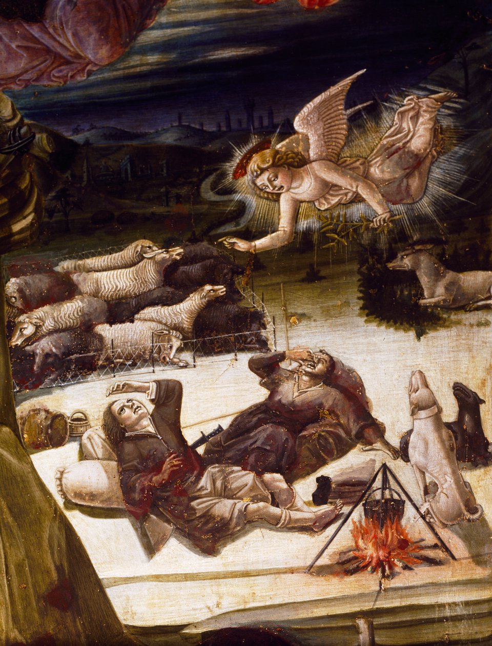 Anioł i pasterze, detal z ołtarza Narodzenia Pańskiego autorstwa Benvenuto di Giovanni (1436-ca 1518), obraz na drewnie. autorstwa Benvenuto di Giovanni