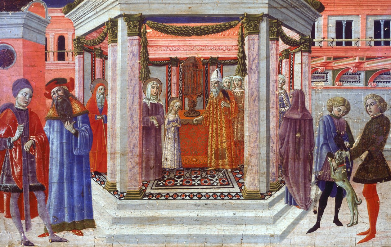 Ofiarowanie Marii w świątyni, fragment predelli autorstwa Benvenuto di Giovanni (1436-1518) autorstwa Benvenuto di Giovanni