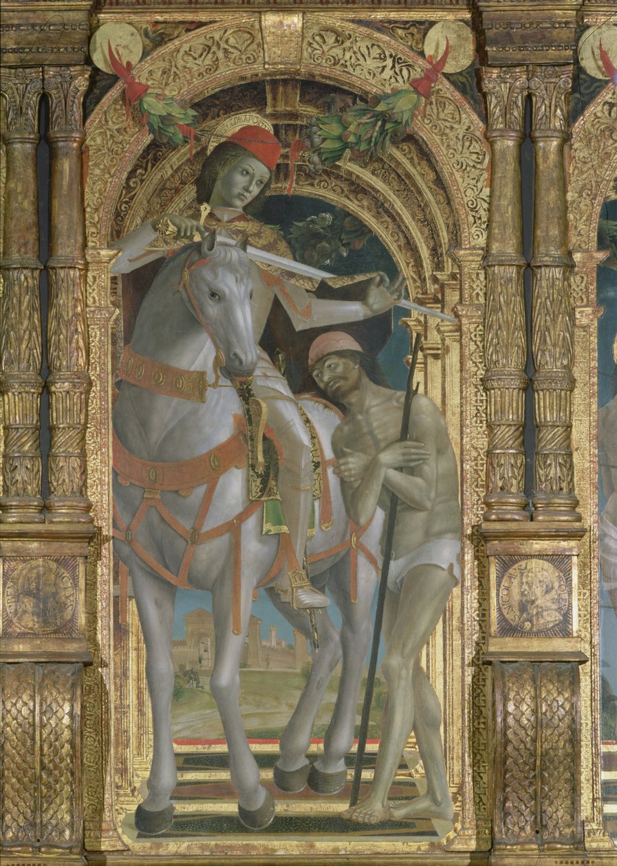 Św. Marcin dzielący się płaszczem z żebrakiem, fragment z poliptyku, 1485 autorstwa Bernadino Jacobi Butinone