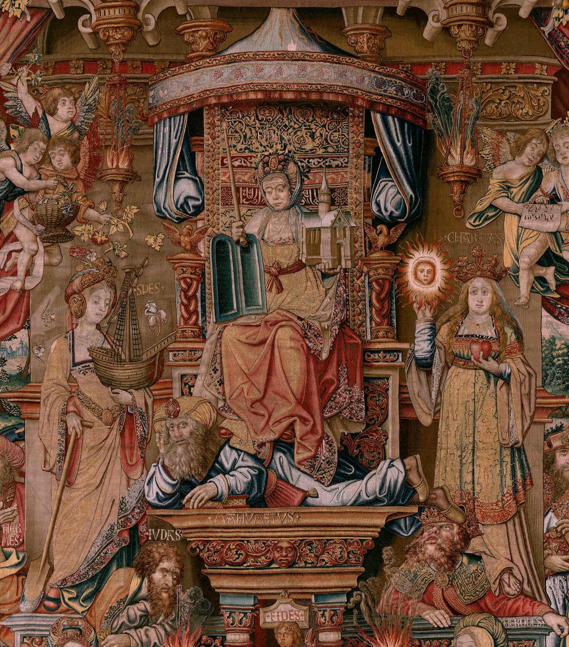 Flamandzki gobelin. Seria Honory. Wiara (La Fe). Pierwszy gobelin z serii. Wzorcowi rysownicy z kręgu Bernarda van Orleya i Jana Gossaerta (Mabuse). Manufaktura Pieter van Aelst, Bruksela. Około 1550. Tkanina Złoto, srebro, jedwab i wełna. autorstwa Bernaert van (circle of) Orley