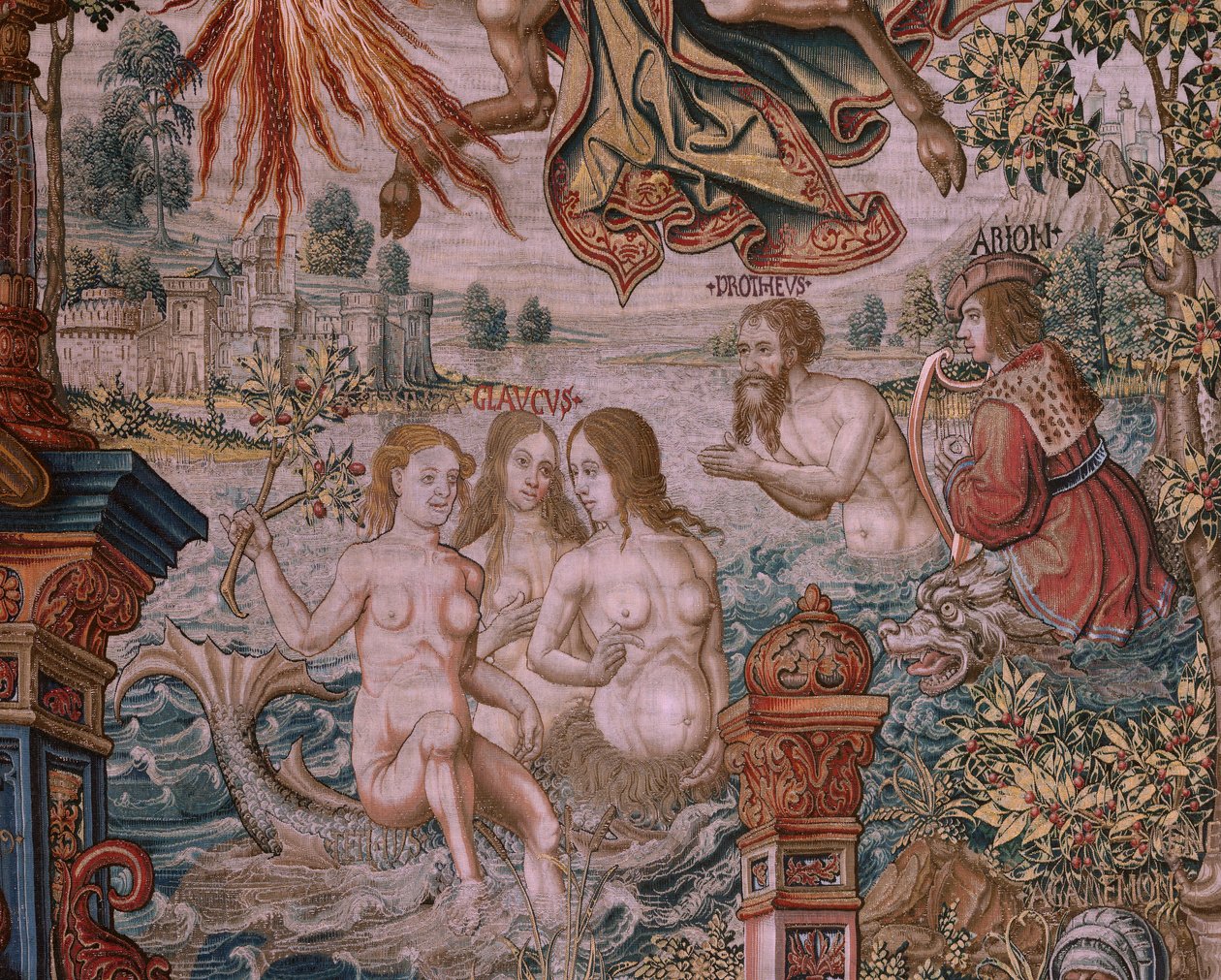 Flamandzki gobelin. Seria Honory. Sława (La Fama). Trzeci gobelin w serii. Wzorcowi rysownicy z kręgu Bernarda van Orleya i Jana Gossaerta (Mabuse). Manufaktura Pieter van Aelst, Bruksela. Około 1550. Tkanina Złoto, srebro, jedwab i wełna. autorstwa Bernaert van (circle of) Orley