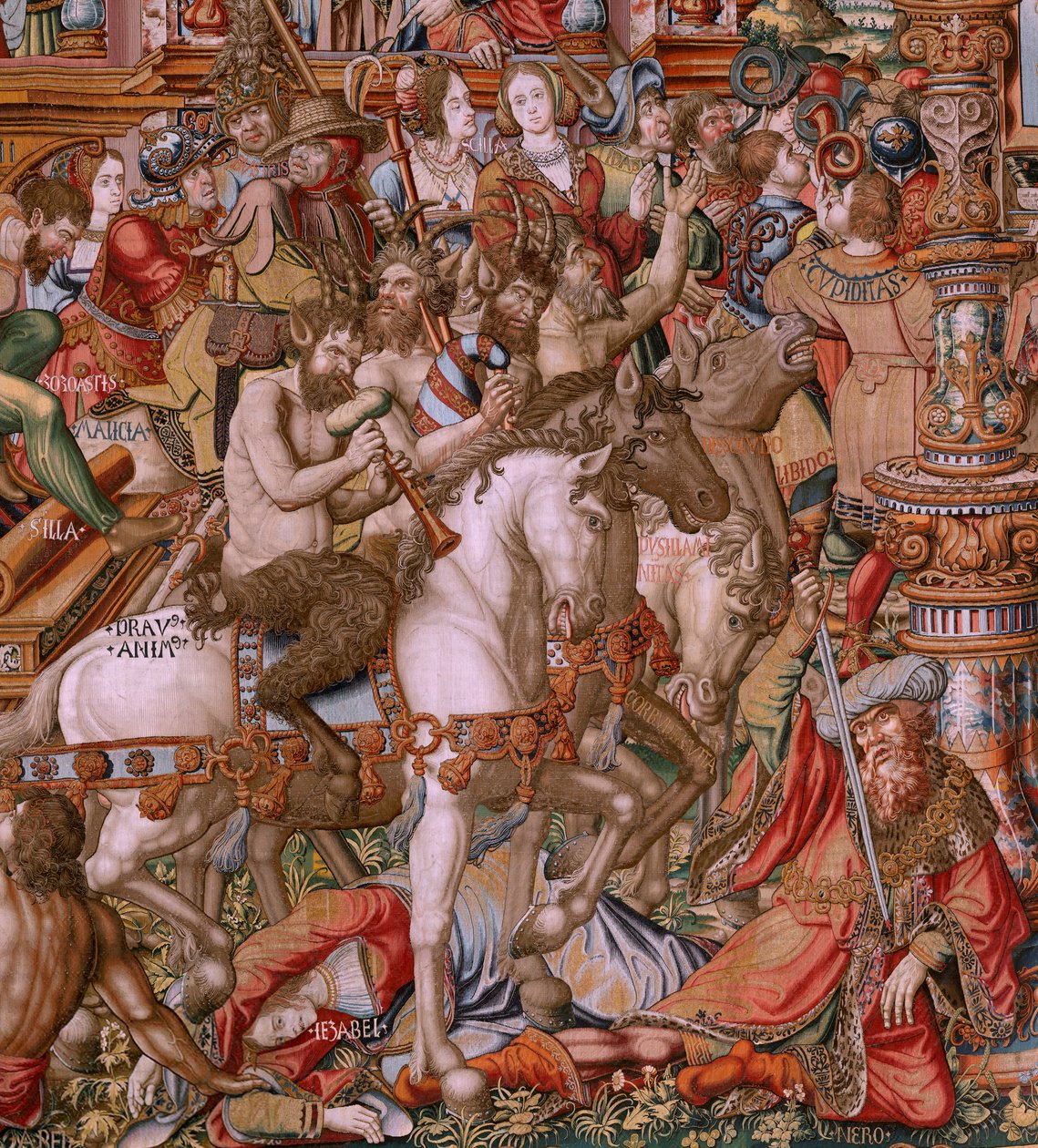 Flamandzki gobelin. Seria Honory. Niesława (La Niesława). Szósty gobelin w serii. Wzorcowi rysownicy z kręgu Bernarda van Orleya i Jana Gossaerta (Mabuse). Manufaktura Pieter van Aelst, Bruksela. Około 1550. Tkanina Złoto, srebro, jedwab i wełna. autorstwa Bernaert van (circle of) Orley