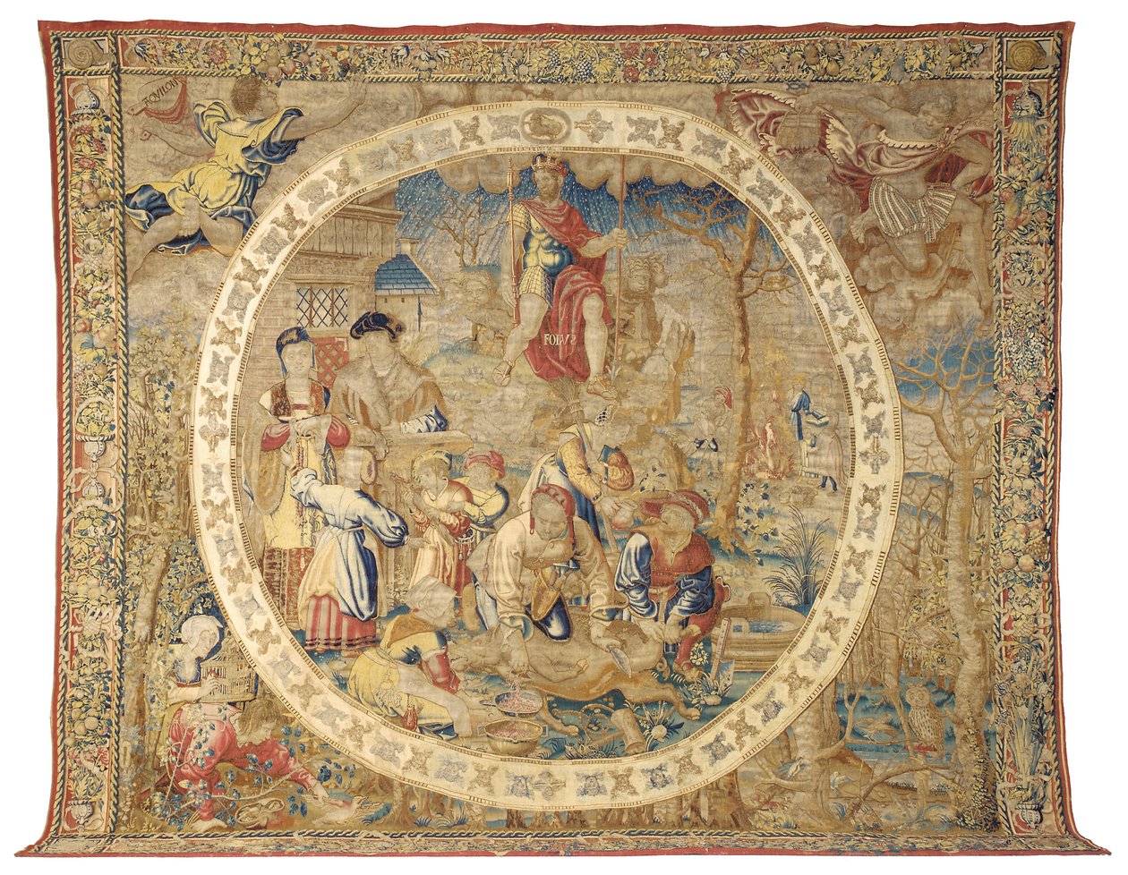 Alegoryczny gobelin brukselski przedstawiający miesiąc grudzień z „Miesiąców medalionu”, ok. 1525 r. autorstwa Bernard van Orley