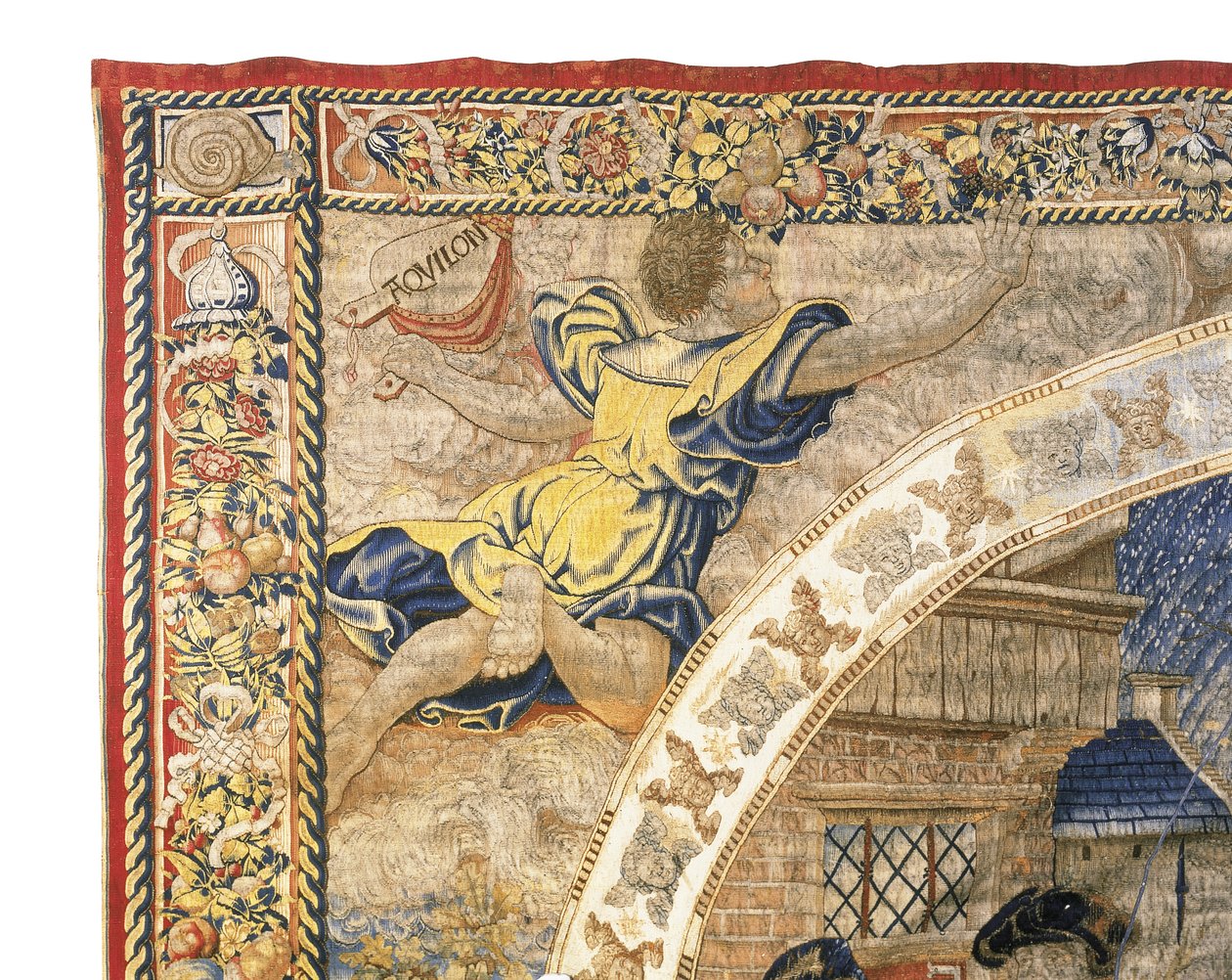 Alegoryczny gobelin brukselski przedstawiający miesiąc grudzień z „Miesiąców medalionu”, ok. 1525 autorstwa Bernaert van Orley