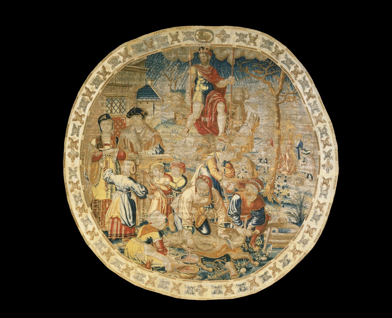 Alegoryczny gobelin brukselski przedstawiający miesiąc grudzień z „Miesiąców medalionu”, ok. 1525 autorstwa Bernaert van Orley
