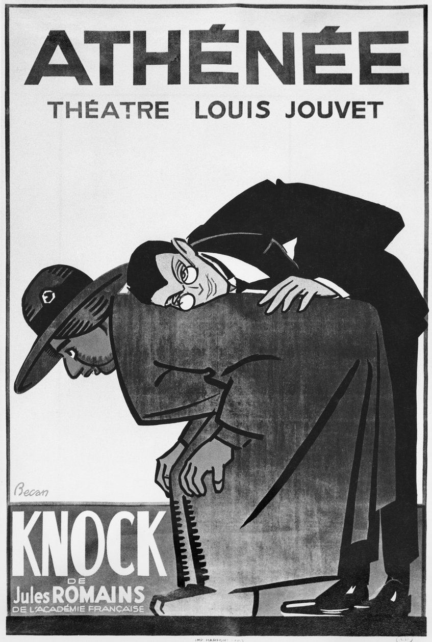 Plakat reklamujący przedstawienie Knock or the Triumph of Medicine Julesa Romainsa (1885-1972) w Teatrze Athenee (zdjęcie bw) autorstwa Bernard Becan