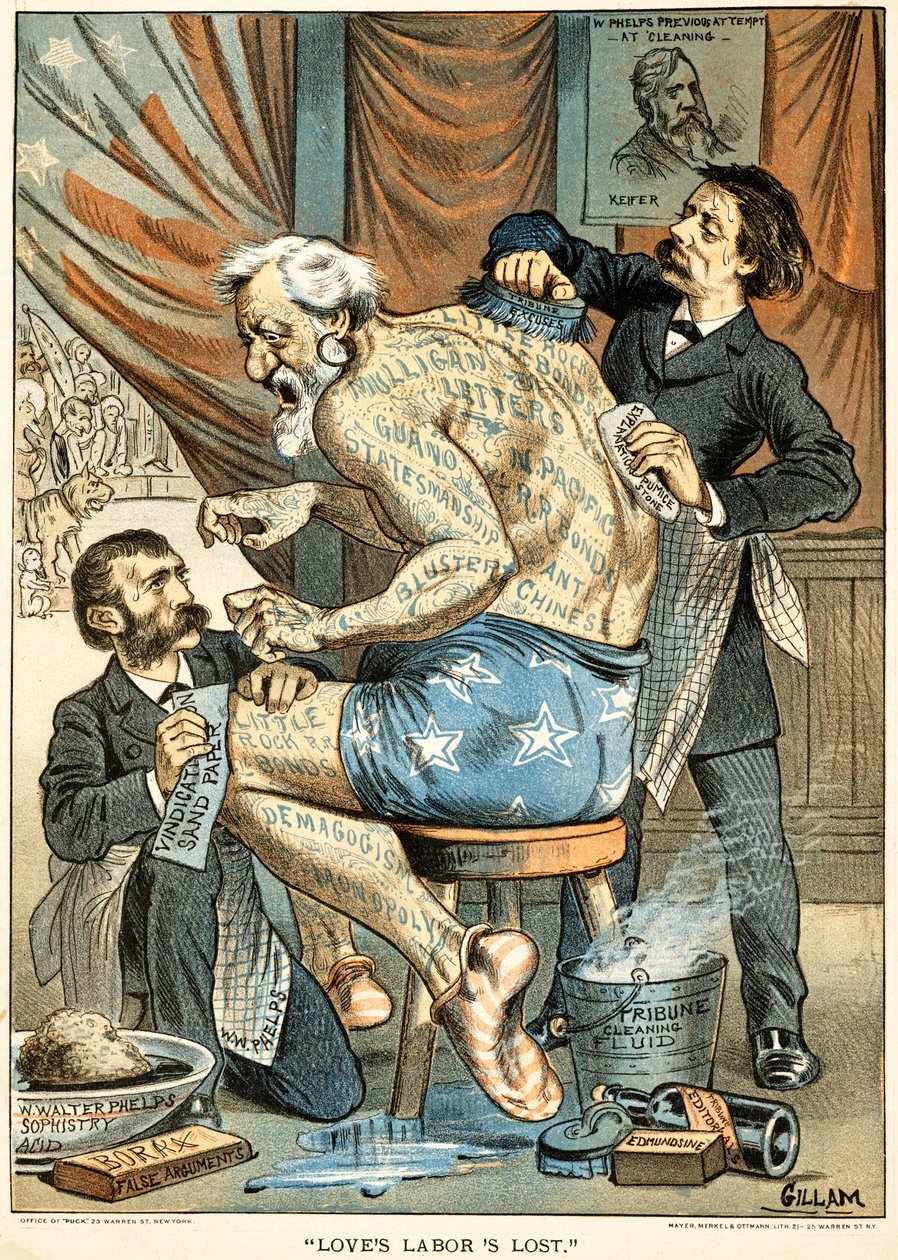 Utracona praca miłości opublikowana w Puck Magazine, 1884 (kolorowa chromatografia) autorstwa Bernard Gillam