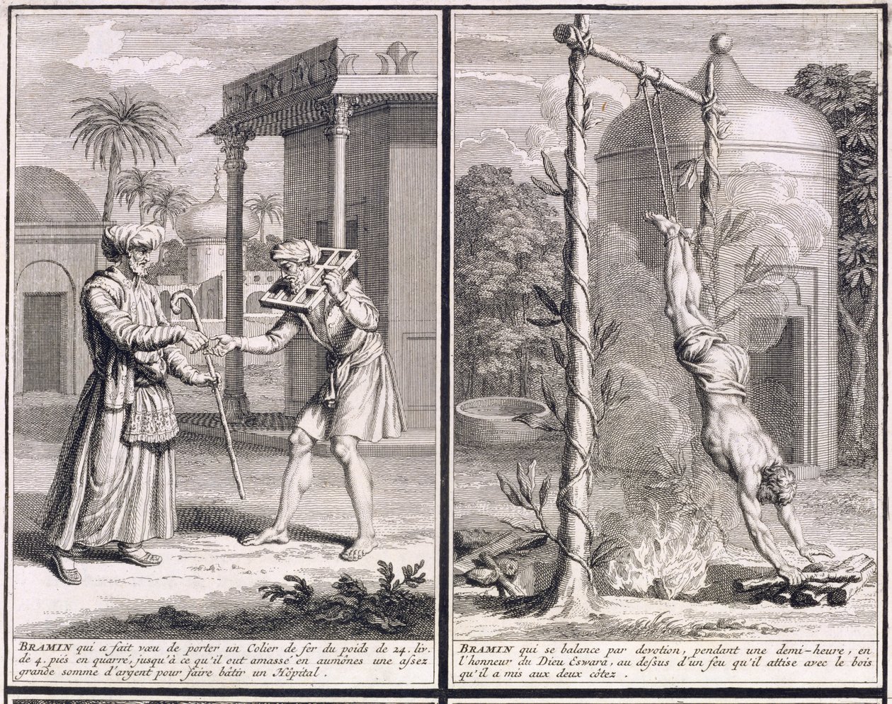 Bramin noszący żelazną obrożę, aby zebrać fundusze na szpital i bramin zawieszony nabożnie nad ogniem, ilustracje z „Ceremonii i obyczajów religijnych”, ok. 1724 r. autorstwa Bernard Picart