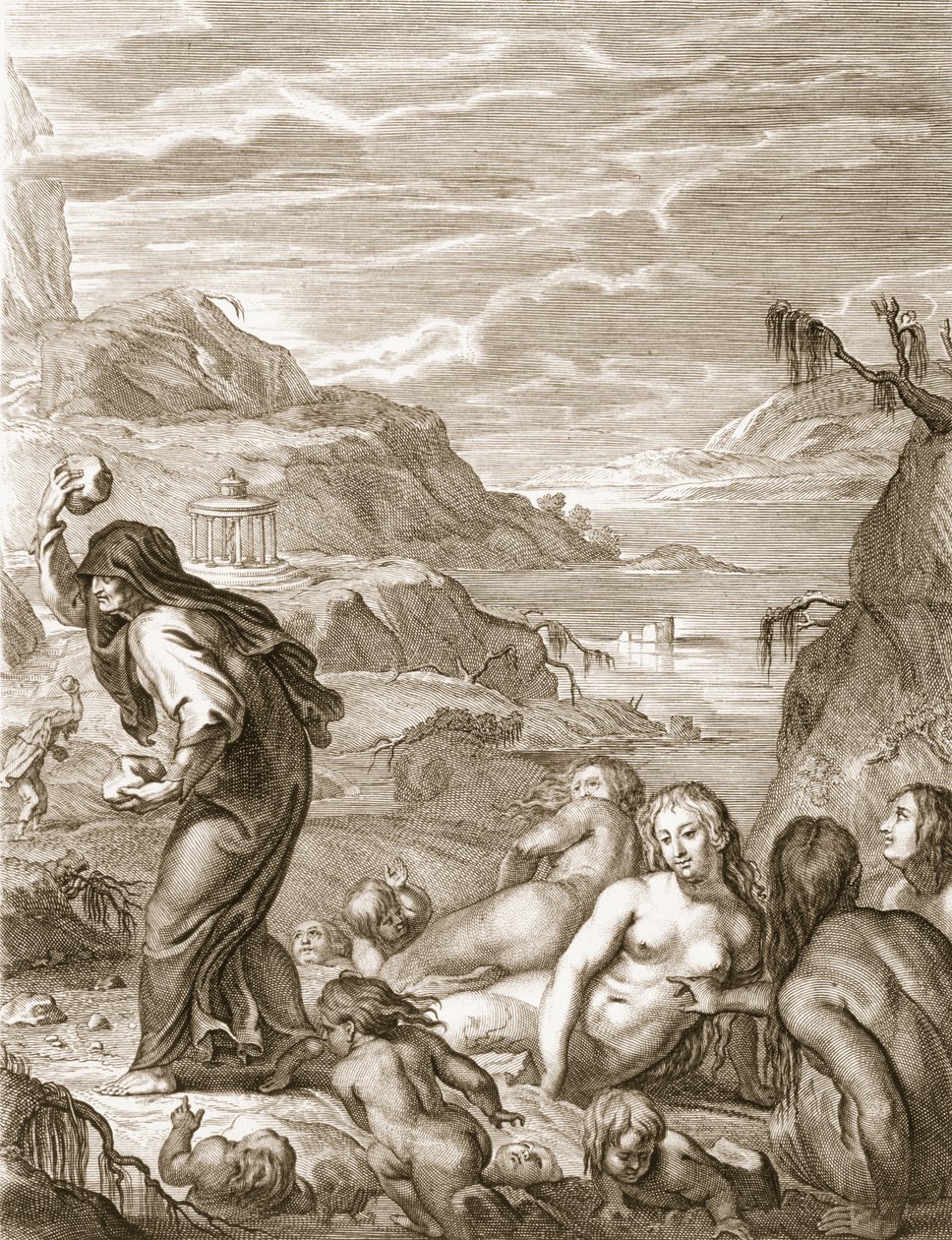 Deucalion i Pyrrha zaludniają świat rzucając kamieniami za nimi, 1731 autorstwa Bernard Picart