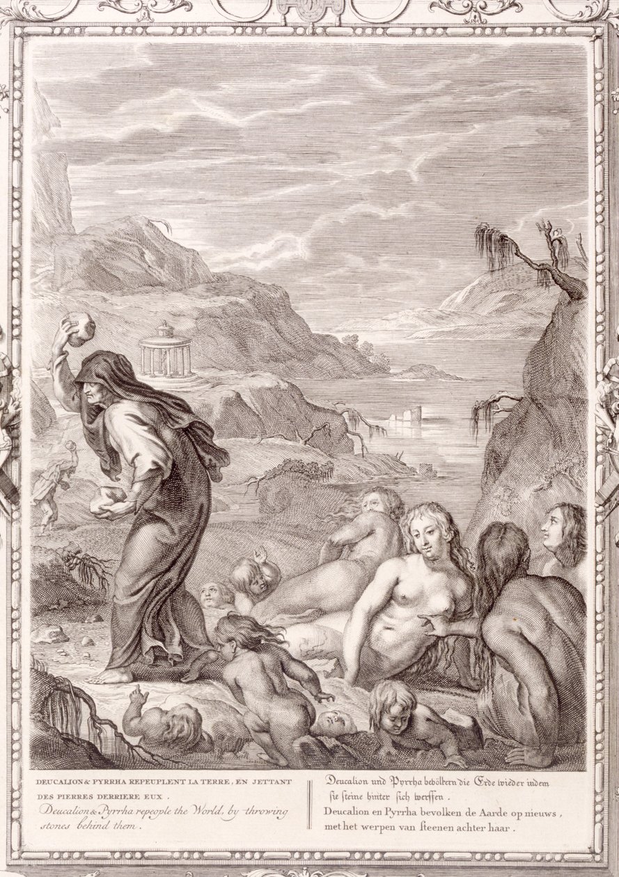 Deucalion i Pyrrha zaludniają świat rzucając kamieniami za nimi, 1731 autorstwa Bernard Picart