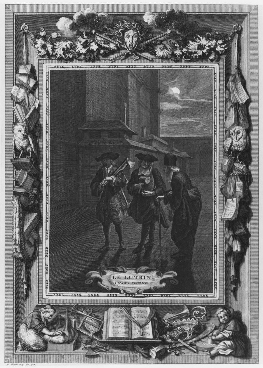 Ilustracja z „Le Lutrin” Nicolasa Boileau, znanego jako Boileau-Despreaux, 2. canto, wydana w 1728 r. autorstwa Bernard Picart