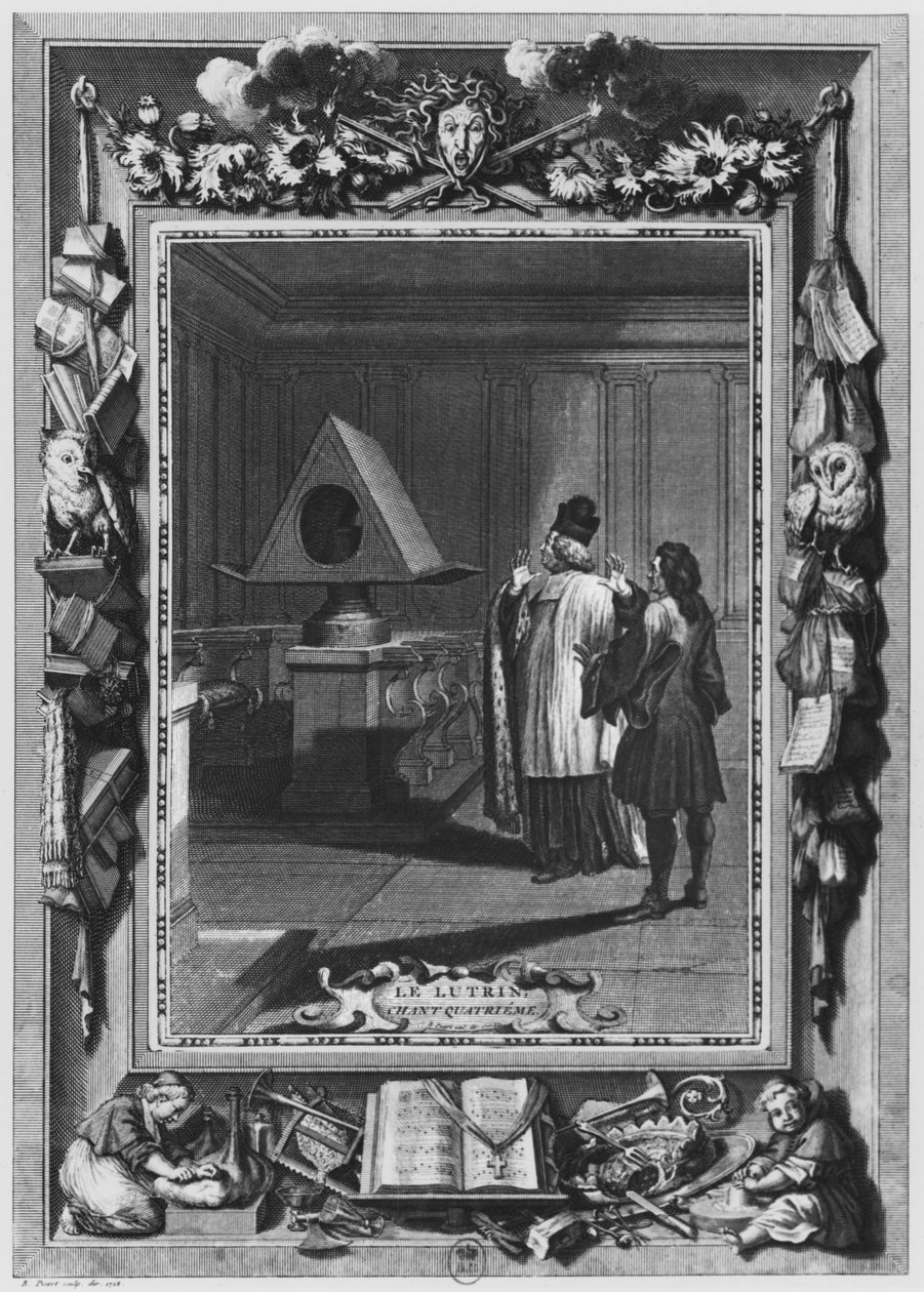 Ilustracja z „Le Lutrin” Nicolasa Boileau, znanego jako Boileau-Despreaux, 4. canto, wydana w 1728 r. autorstwa Bernard Picart