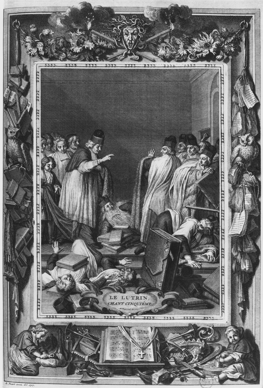 Ilustracja z „Le Lutrin” Nicolasa Boileau, znanego jako Boileau-Despreaux, 5 pieśń, wydana w 1728 r. autorstwa Bernard Picart