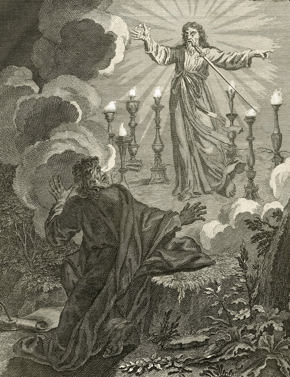 Jezus pojawia się w Apokalipsie z siedmioma gwiazdami w prawej ręce i obosiecznym mieczem wychodzącym z ust, 1763 autorstwa Bernard Picart
