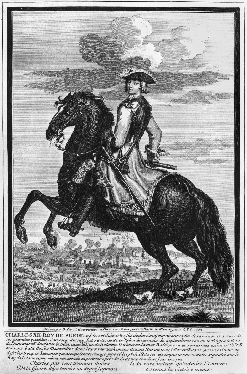 Król Karol XII (1682-1718) Szwecji, na koniu, 1702 autorstwa Bernard Picart
