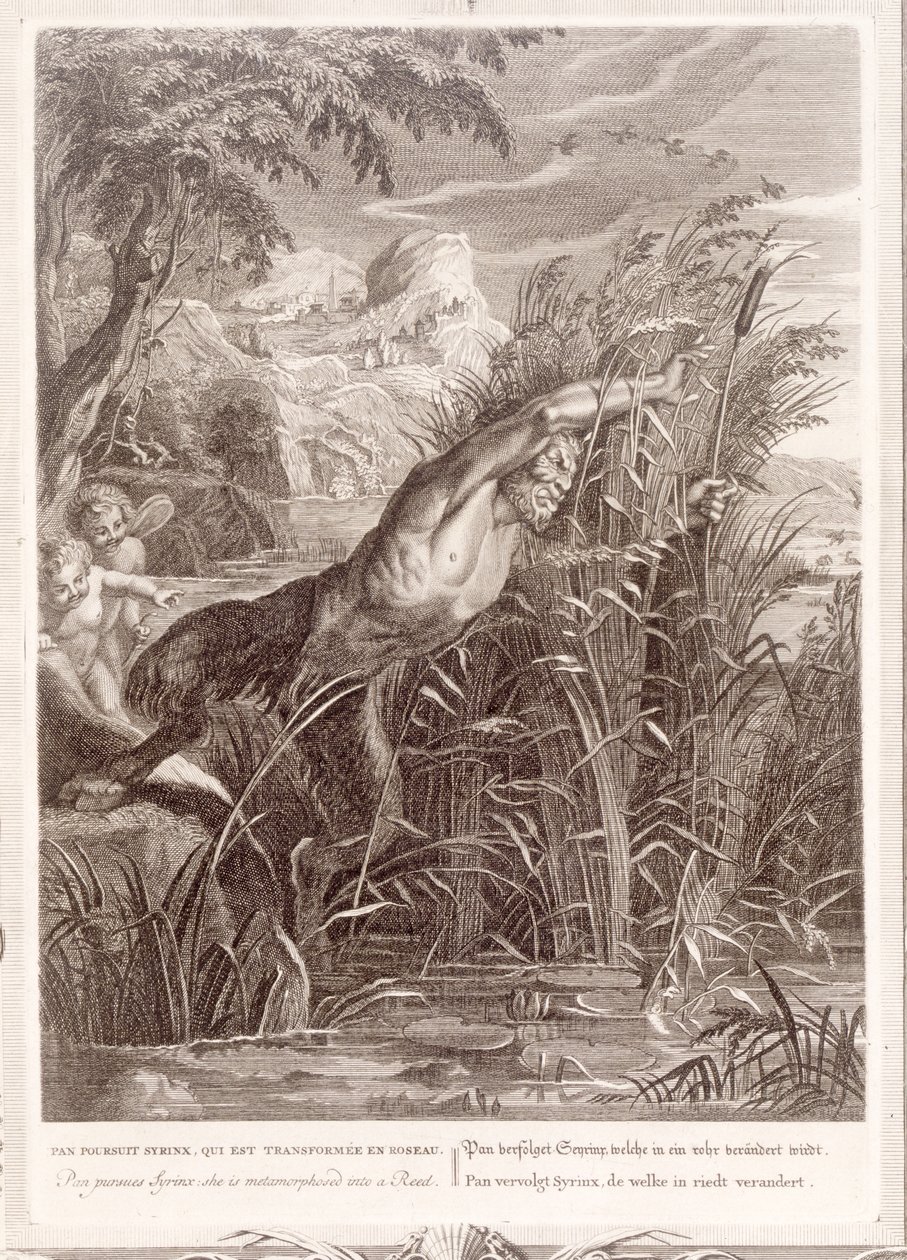 Pan ściga Syrinksa: Ona jest przekształcona w trzcinę, 1731 autorstwa Bernard Picart