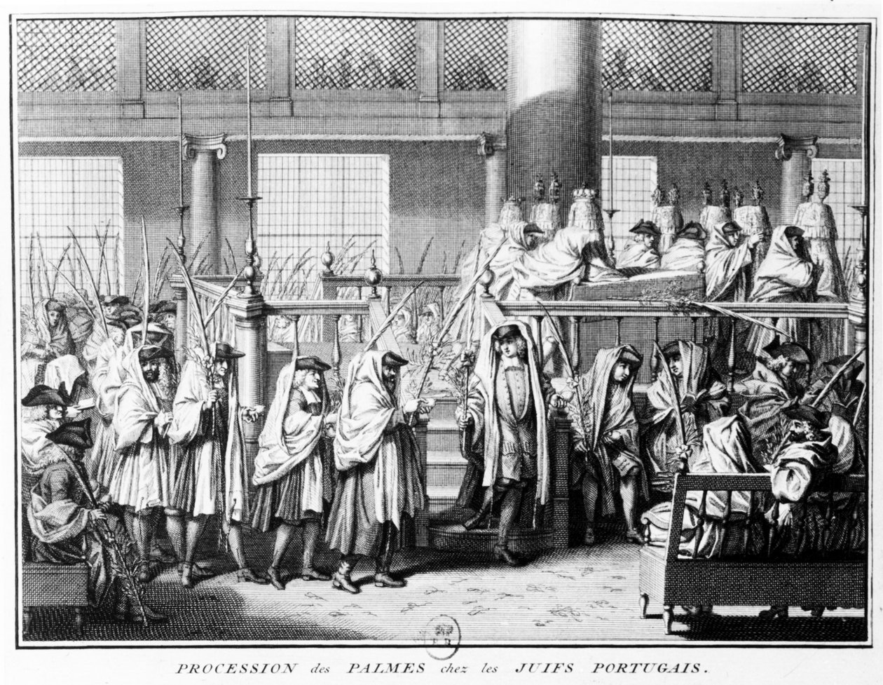 Procesja z palmami ((Hoschana Rabah) podczas Święta Namiotów wśród portugalskich Żydów, 1725 autorstwa Bernard Picart