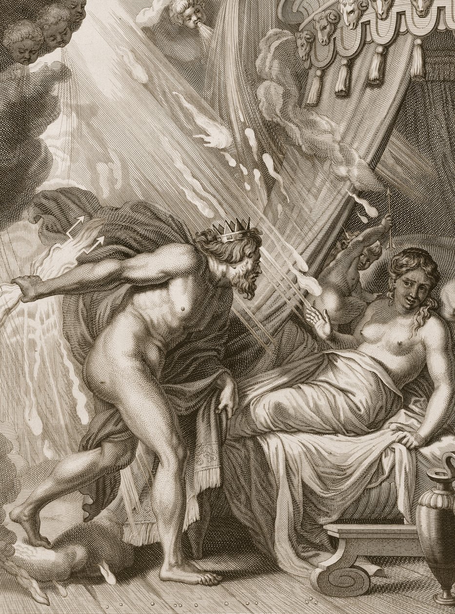 Semele zostaje pochłonięty przez ogień Jowisza, 1731 autorstwa Bernard Picart