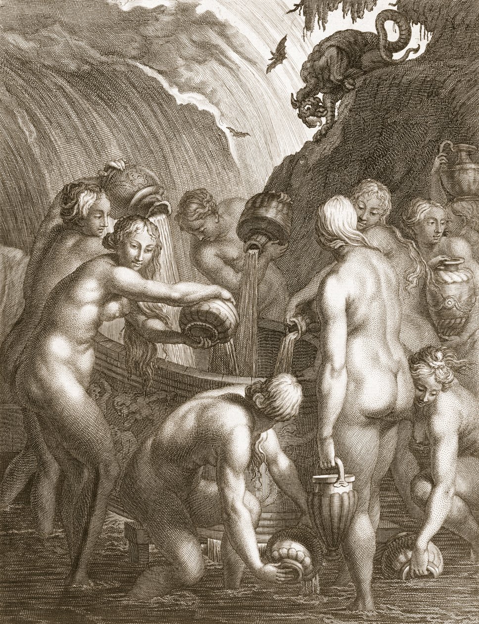 Danaidy skazani na napełnianie wodą znudzonych statków, 1730 autorstwa Bernard Picart