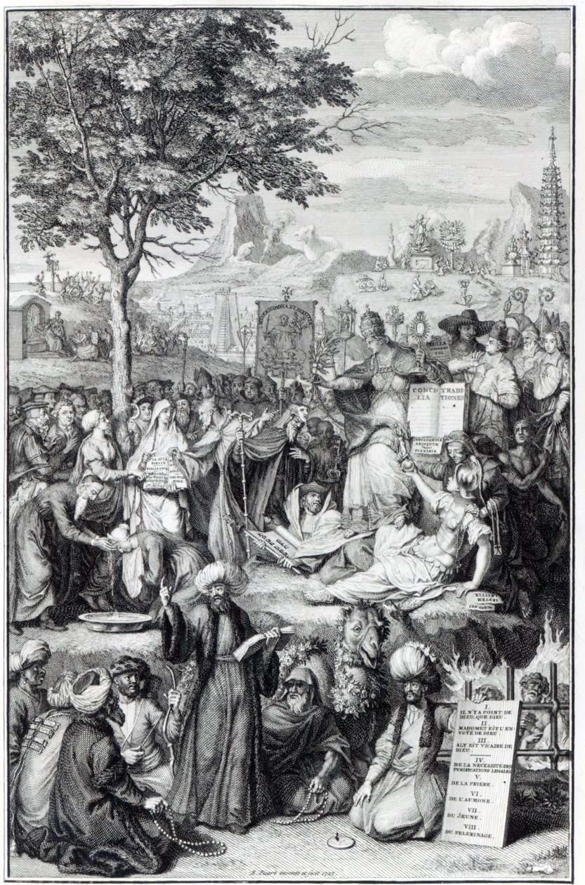 Podstawowe religie świata, ilustracja z „Ceremonii i obyczajów religijnych”, 1727 autorstwa Bernard Picart