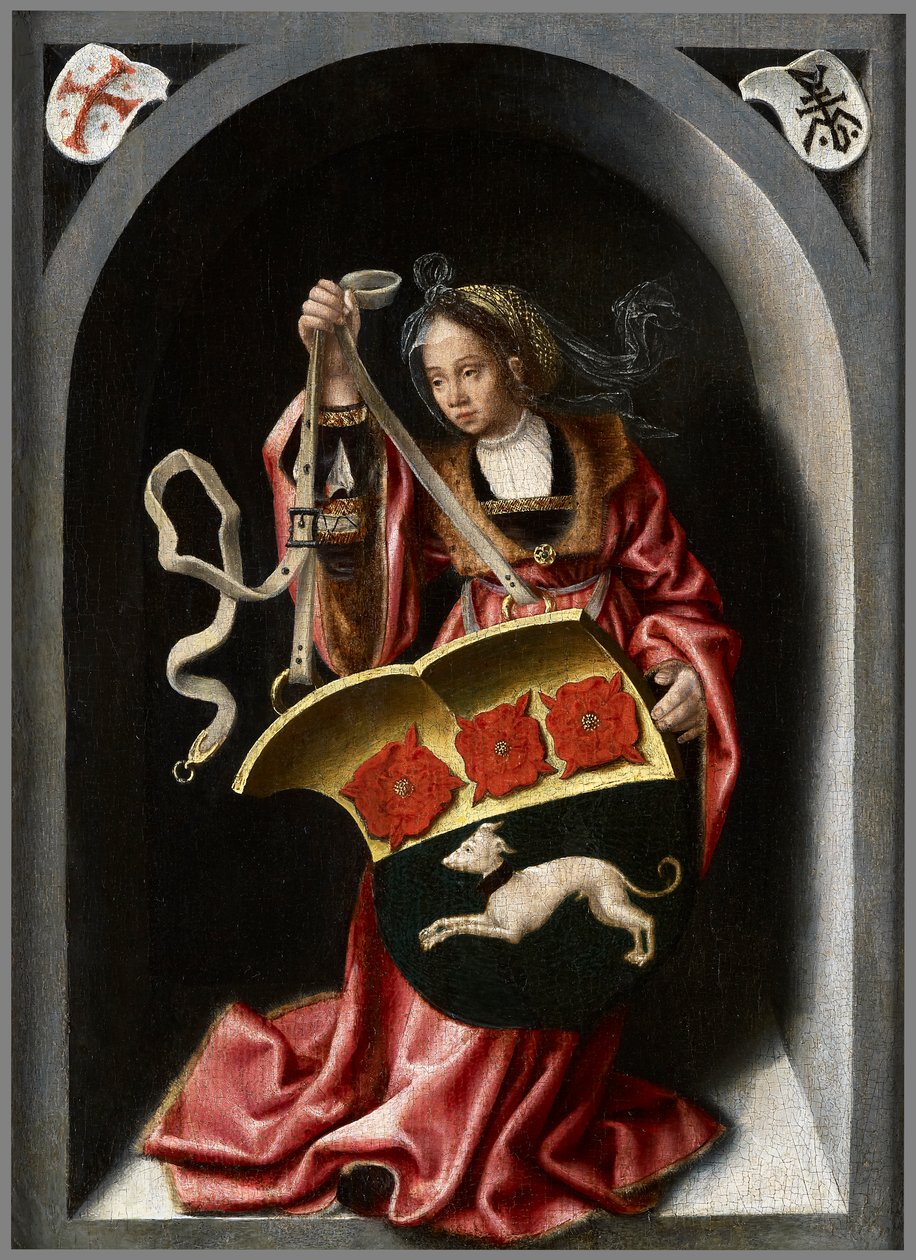Pani trzymająca tarczę heraldyczną w malowanej niszy autorstwa Bernard van Orley