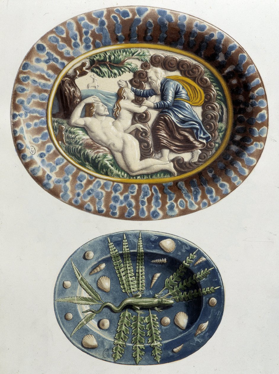 Bóg stwarza Ewę z uda Adama; Jaszczurka - Naczynia ceramiczne, w „Praca Bernarda Palissy” C. Delange i C. Borneman, Paryż autorstwa Bernard (after) Palissy