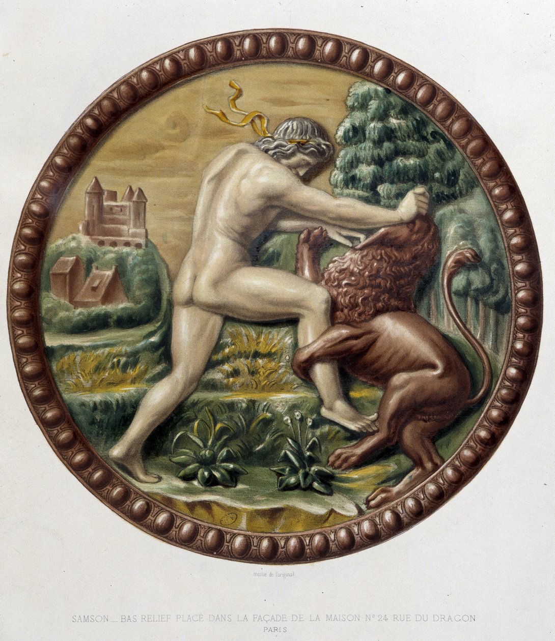 Samson walczący z lwem - płaskorzeźba ceramiczna, w „Dzieło Bernarda Palissy” C. Delange i C. Borneman, Paryż autorstwa Bernard (after) Palissy