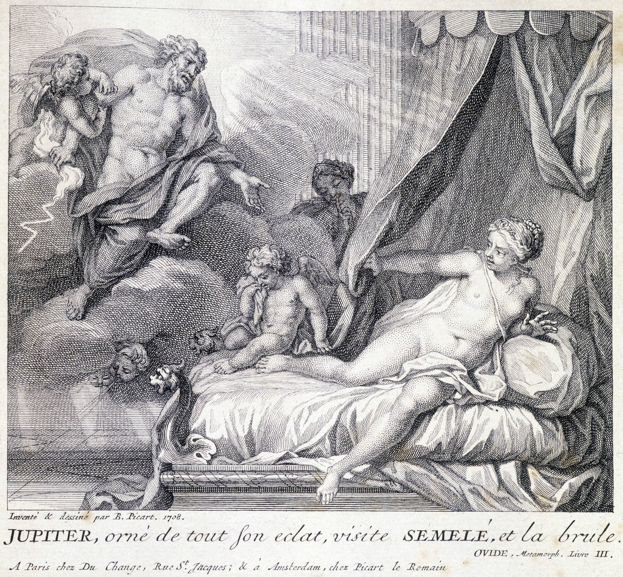 Jupiter (Zeus) pali Semele swoją błyskawicą. Rycina z XVIII wieku według rysunku B. Picarta wykonana w 1708 roku. autorstwa Bernard (after) Picart