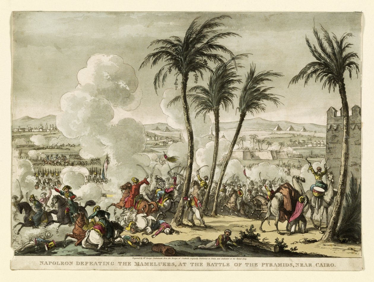 Napoleon pokonujący Mameluków w bitwie pod piramidami pod Kairem, rycina George Cruikshank (1769-1823), wyd. 1823 (grawerowanie ręcznie kolorowane) autorstwa Bernard Edouard Swebach