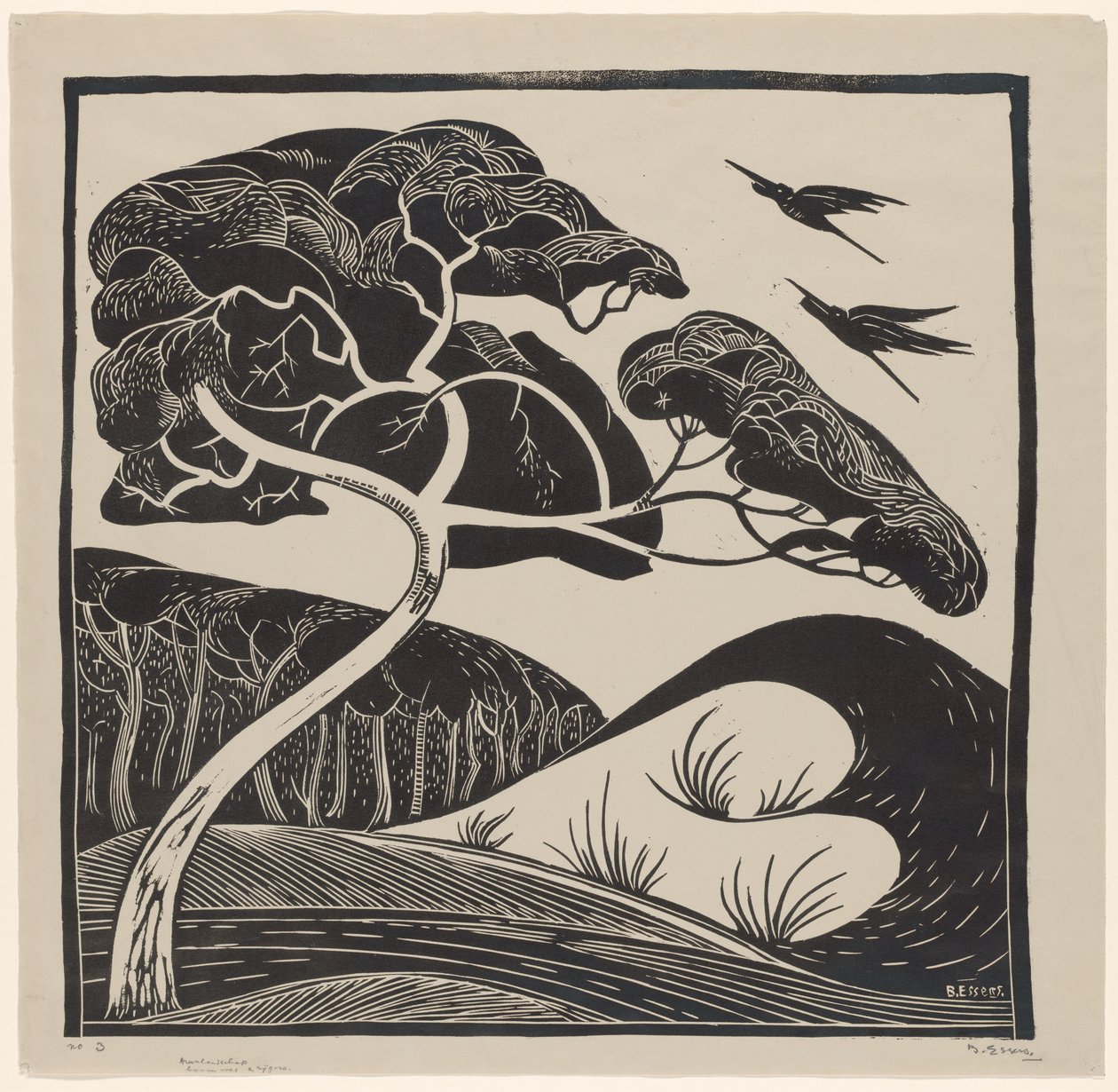 Krajobraz wydm (tytuł na obiekcie) Drzewo z 2 czaplami (tytuł na obiekcie) autorstwa Bernard Essers (signed by artist)