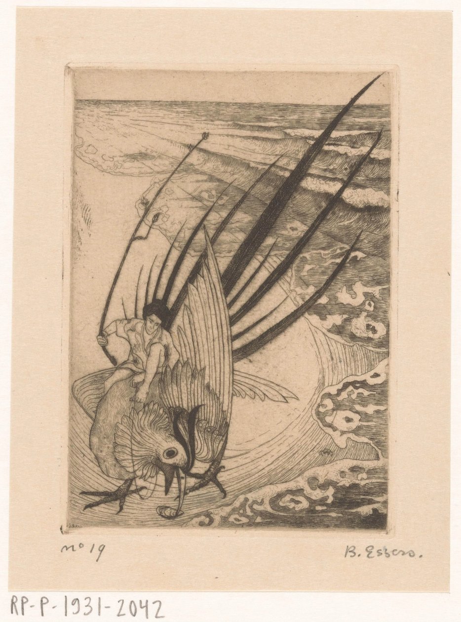 Postać siedząca na bażancie na plaży autorstwa Bernard Essers (signed by artist)