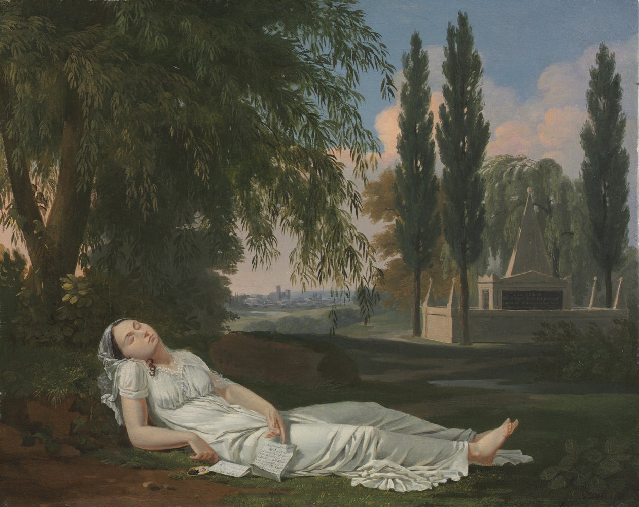 Kobieta śpiąca na tle krajobrazu z listem, ok. 1800 (olej na płótnie) autorstwa Bernard Gaillot