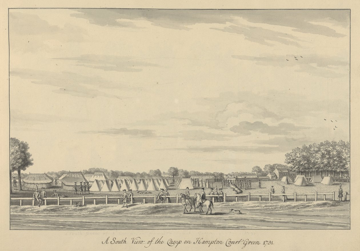 Południowy widok na obóz w Hampton Court Green 1731, 1731-33 (pióro i czarny tusz oraz pranie na papierze czerpanym) autorstwa Bernard III Lens