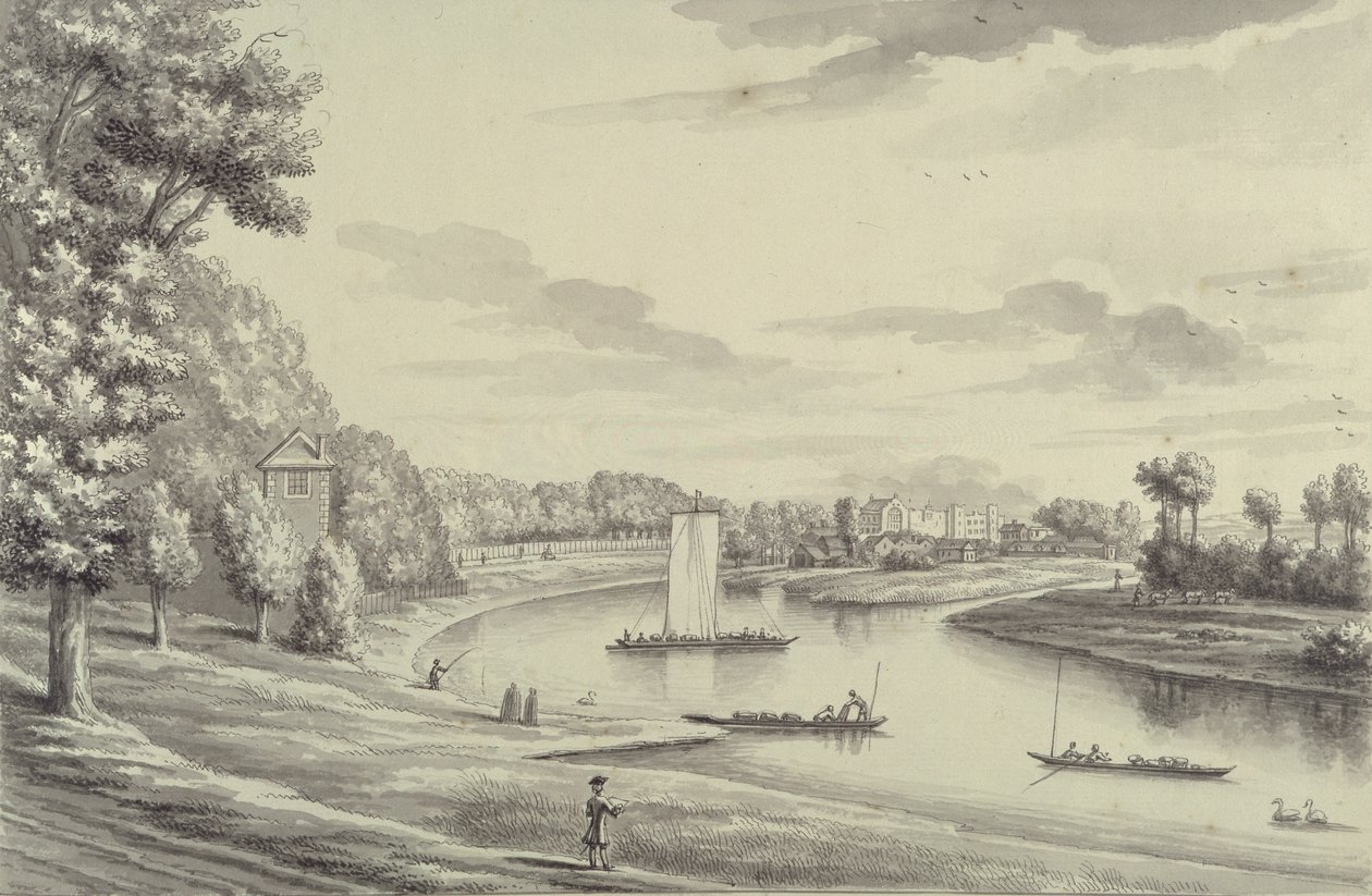 A West View of Hampton Court Ferry i Hampton Church at a Distance, 1731-33 (pióro i czarny tusz oraz pranie na papierze wykładanym) autorstwa Bernard III Lens