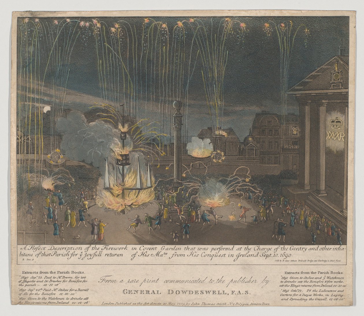 Fajerwerki w Covent Garden, 1809 (akwaforta i akwatinta, ręcznie kolorowane) autorstwa Bernard II Lens