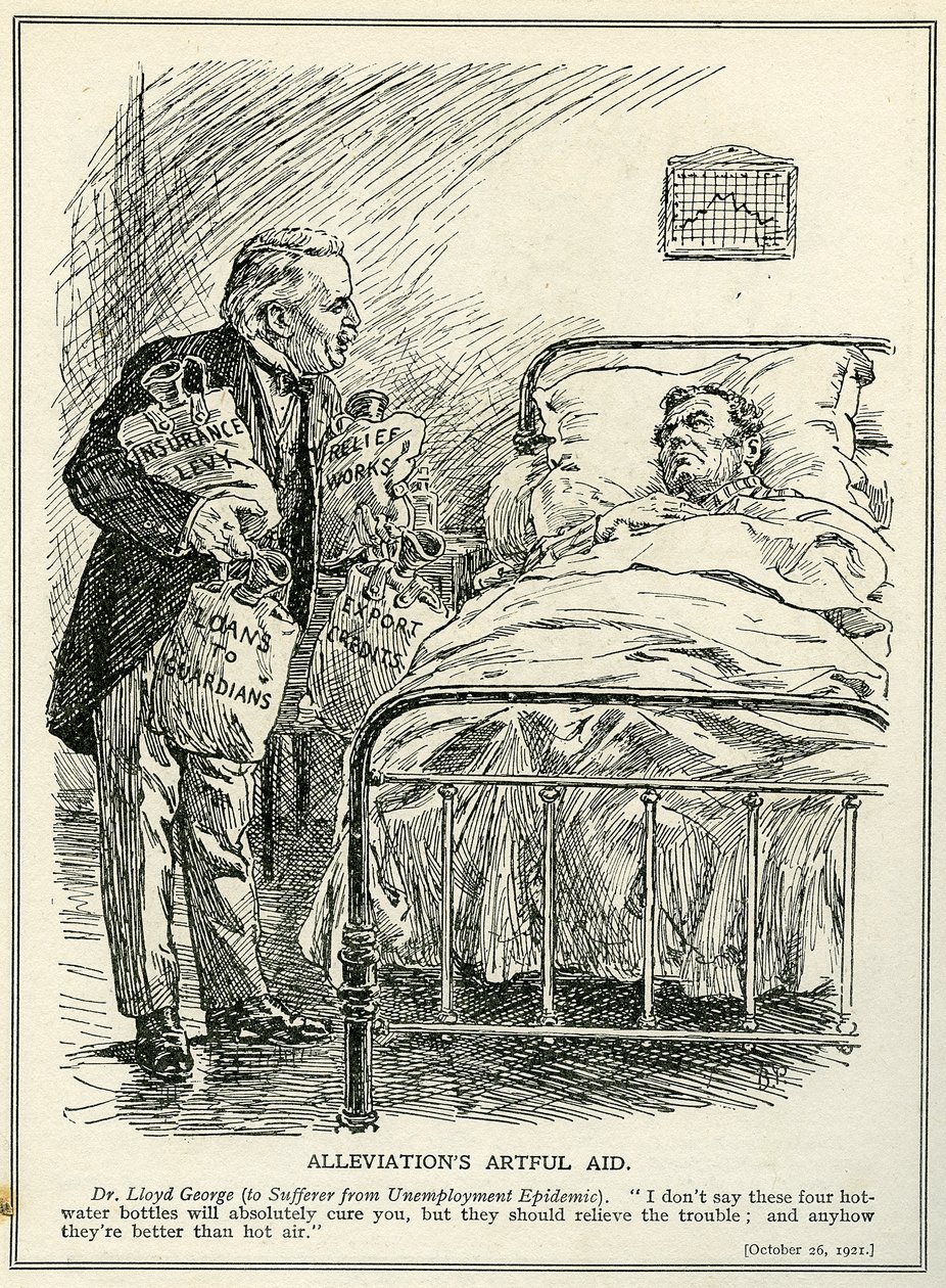 Dr Lloyd George proponuje wyleczyć poszkodowanego z epidemii bezrobocia czterema butelkami gorącej wody, „Opłatą ubezpieczeniową”, „Pracą pomocową”, „Pożyczką” i „Kredytami eksportowymi” autorstwa Bernard John Partridge